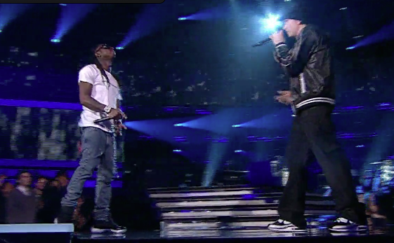  Eminem and Lil Wayne. During their Grammy night performance of Drake's 