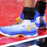 PORTLAND, OR - MAY 9:  The shoes of Stephen Curry #30 of the Golden State Warriors are seen during the game against the Portland Trail Blazers in Game Four of the Western Conference Semifinals during the 2016 NBA Playoffs on May 9, 2016 at the Moda Center in Portland, Oregon. NOTE TO USER: User expressly acknowledges and agrees that, by downloading and or using this Photograph, user is consenting to the terms and conditions of the Getty Images License Agreement. Mandatory Copyright Notice: Copyright 2016 NBAE (Photo by Andrew D. Bernstein/NBAE via Getty Images)
